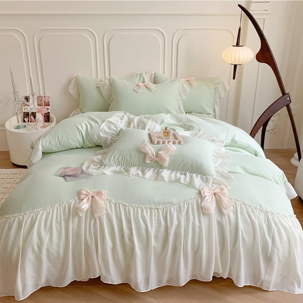 Soukechy Girls Lace Bedding, Queen Comforter Cover Set, Chic Ruffled Duvet Cover With Lovely Bow,Princess Style 1 Duvet Cover Wi